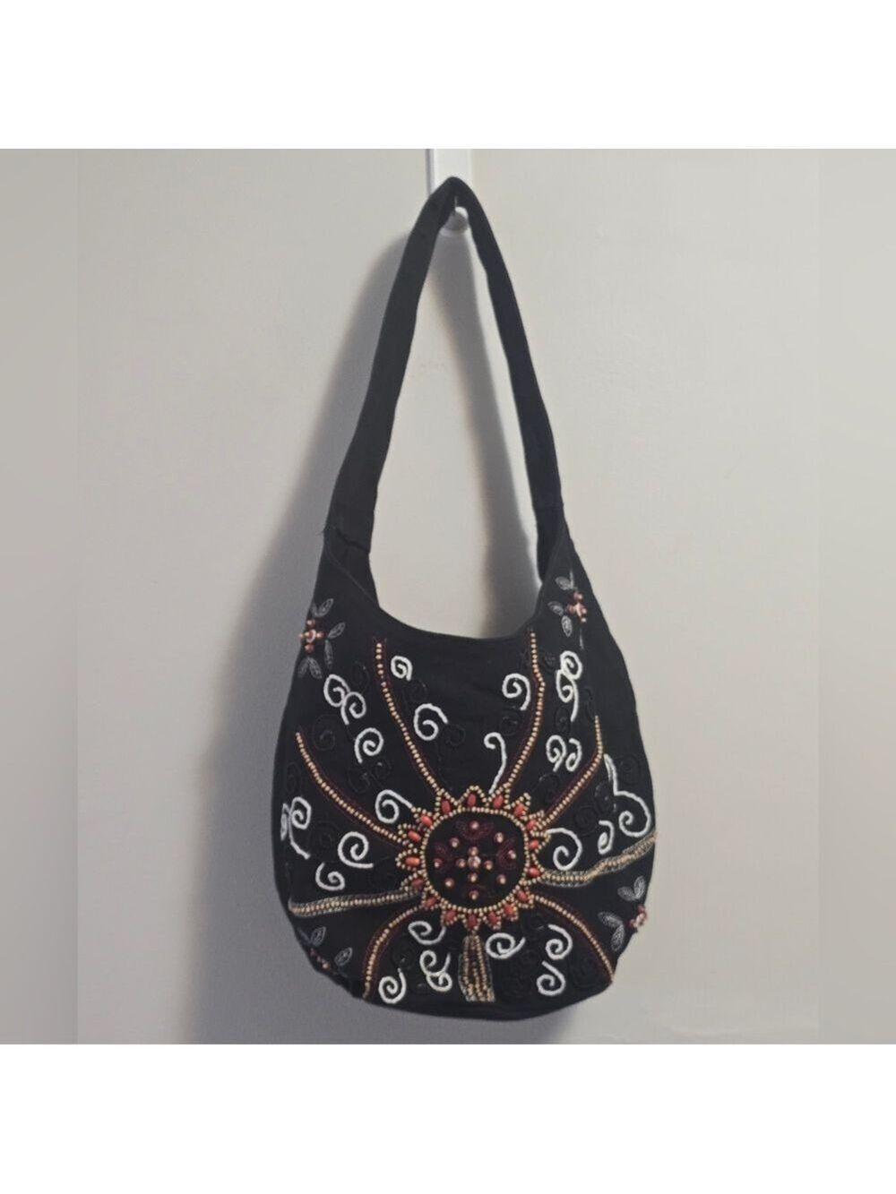 Rachel Black Embroidered Shoulder Bag with Bead Detailing